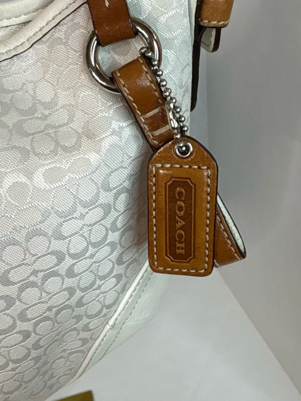 Vintage Coach Signature Soho Hobo Shoulder Bag White Jacquard Brown Leather - Picture 6 of 15
